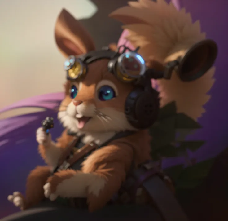 official art, unity 8k wallpaper, ultra detailed, beautiful and aesthetic, masterpiece, best quality, extremely detailed, dynamic angle, A squirrel with large cheeks and big blue eyes, wearing steampunk goggles with big round lenses, large copper cone ears...