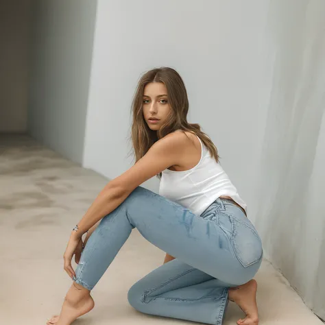 arafed woman in white tank top and jeans sitting on the ground, jeans, blue jeans, blue jeans. unreal 5, baggy jeans, wearing jeans, portrait sophie mudd, model posing, solo photoshoot, 2 4 year old female model, angela sarafyan, jeans and t shirt, denim j...