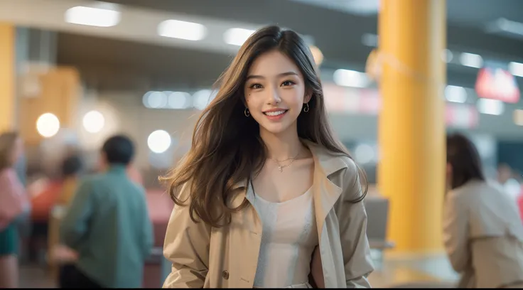 Malay girl very long white shiny hair, wear pastel green high low dress and trench coat, going to dinner, smiling, very long white wavy hair with Side Swept Ponytail , wear necklace, front view, windy, detail skin, age spot, detail skin texture, mole below...