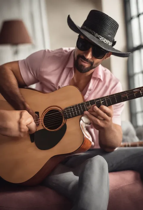 Personagem de desenho animado Disney ,3d,Estilo capa filme pixar, homem 30 anos, cabelo preso , black hat, barba, 3d pixar, sunglasses, tocando guitarra estilo fender, com quadros do Queen e pink Floyd ao fundo, with title "Jackson Rodrigues"