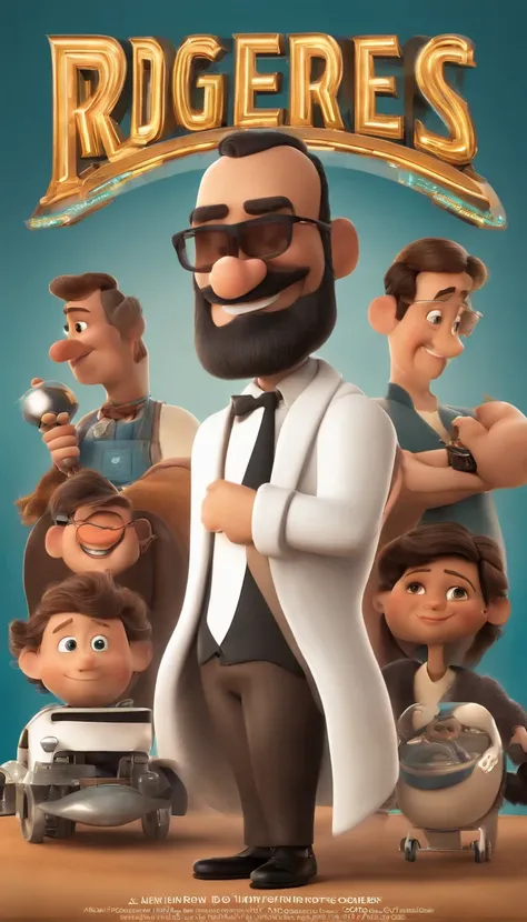 a poster of the Disney-style 3D film from Pixar with the text "RogerCortess" is a 40-year-old man, with a medium beard, more white than black, bald, somewhat strong, biker style, he is standing, watching a rock concert roll, futuristic style, programming c...