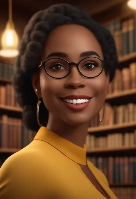 Pixar style image with 3D character, a light-skinned black woman with glasses and a dress outfit, she is a lawyer and is well dressed in the background, a law office with bookshelf and books with depth, bem bonito faca os ajustes que julgar necessario para...