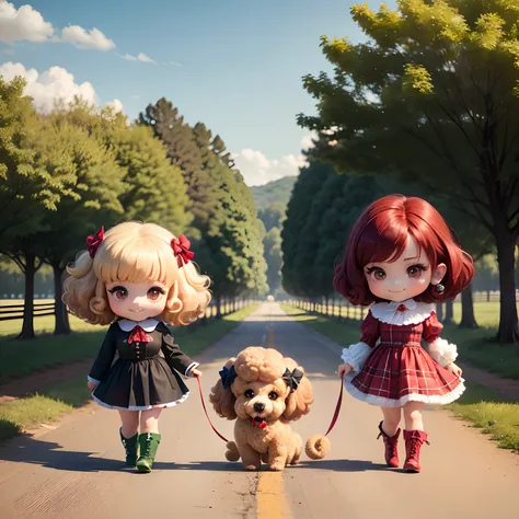 ​masterpiece、top-quality、ultra-detailliert、(Chibi Chara　poodle:1.3),1 chibi character with a white poodle face、Red and green check fabric dress、Red braided boots、Detailed Poodle、Walking along the farm road、full body Esbian、A smile