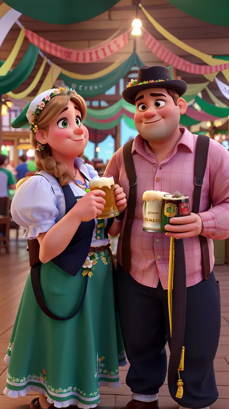 A couple in typical German costumes holding mug of draft beer, she wearing a flower tiara, he chubby with a small green hat in disney pixar style, alta qualidade, melhor qualidade