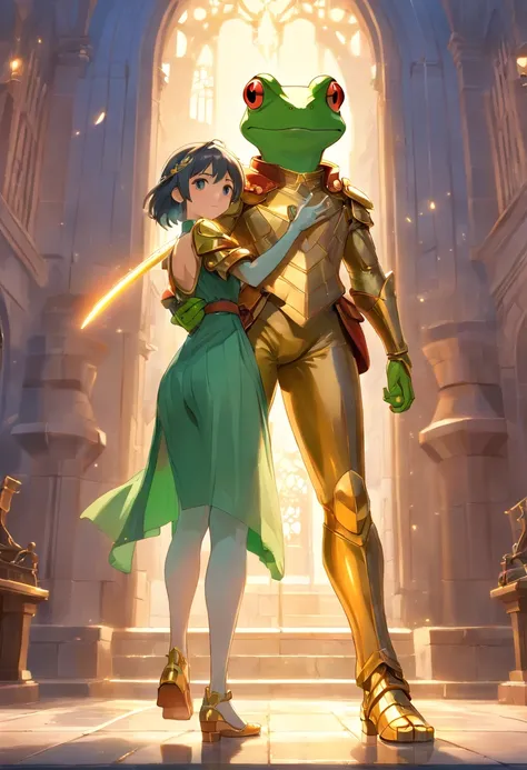 Frog Wearing gold armor and carrying greatsword Anthropomorphic anthropomorphic frog in medieval European aristocratic clothes, intrincado trabalho de Griebles, European Castle Behind, corpo muscular, Muscular arms holding a popsicle, small head,boca com a...