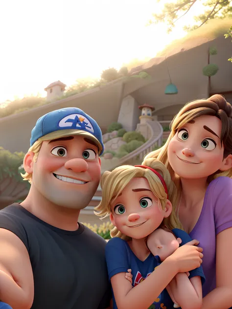 uma familia disney pixar, Father with cap, Mother with dark hair and daughter with blonde hair, alta qualidade, melhor qualidade