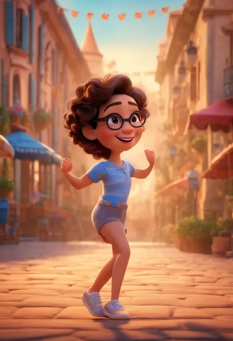 Pixar style image with 3D character white glasses brunette woman short curly hair dancing, Maquiagem Disney,Pescador, adolable, sorridente ,Close-up, Pixar, Disney, Cinema lighting,