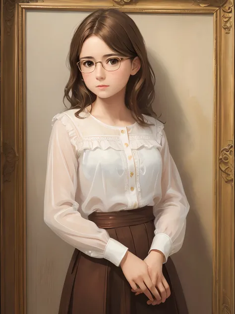 a 1girl, a beautiful teen-aged girl, extremely small breasts, short wavy brown hair, brown eye, eyeglasses, portraite, oil painted, contemporary, extra transparent silk blouse, Realistic Proportion, Intricate, intricate detials, Sharp focus