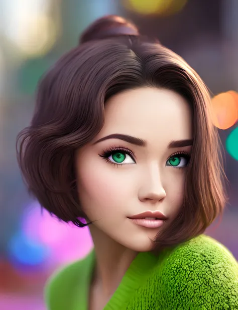 Criar uma foto de uma mulher morena cabelos castanhos escuros e olhos verdes estilo disney pixar 3D num quarto segurando um gato bege claro com olhos azuis