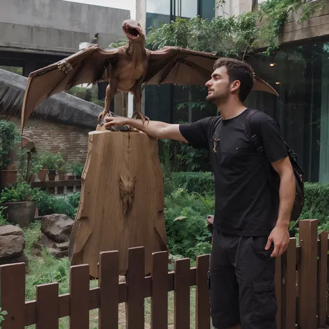 Man Holding Pterodactyl By Arm In Realistic Epic Style