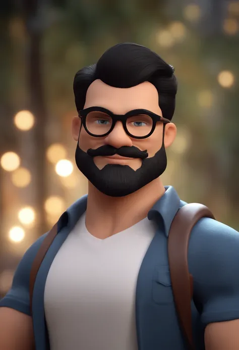 Cartoon character of a man with black glasses and a black polo shirt, cabelo liso, With beard and old school tattoo on his arm, animation character, Caractere estilizado, animation style rendering, 3D estilizado, Arnold Maya render, 3 d render stylized, to...