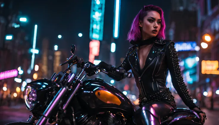 woman wearing a black PVC low-cut catsuit thigh High boots chains studs and spikes , on motor bike , in cyberpunk city at night , enlightened by neons