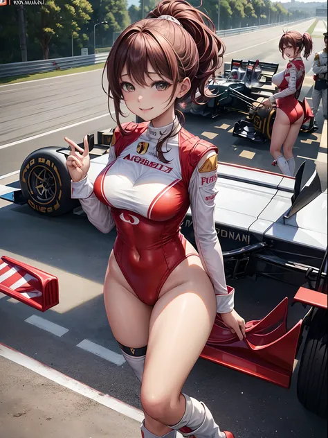 top-quality、Full limbs、complete fingers、1girl、((one beautiful women、独奏))、Beautiful Large Breasts、Medium hair、poneyTail、Race Queen Costume、Woman in red and white leotard with logo、Red arm cover、Tricolor parasol、Woman in long white boots、((F1 Circuit、Formula...