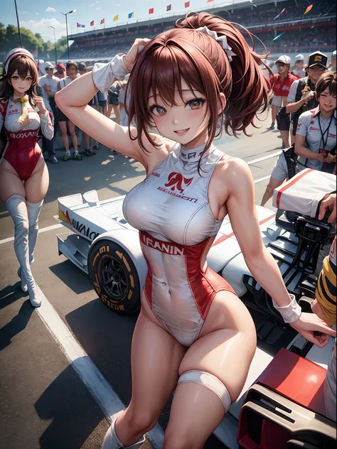 top-quality、Full limbs、complete fingers、1girl、((one beautiful women、独奏))、Beautiful Large Breasts、Medium hair、poneyTail、Race Queen Costume、Woman in red and white leotard with logo、Red arm cover、Tricolor parasol、Woman in long white boots、((F1 Circuit、Formula...