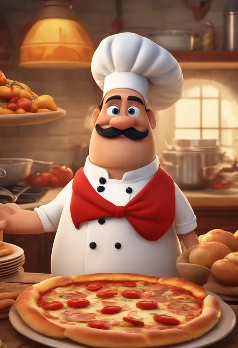 create a 3D Pixar movie poster of a long mustachioed cook with a chefs hat, and white clothes, with a red shawl, with a smile on his face, with a pizza in his hand, and one detail, a crab that must be your friend It is yellow in color and is on the cook si...