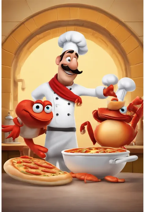 create a 3D Pixar movie poster of a long mustachioed cook with a chefs hat, and white clothes, with a red shawl, with a smile on his face, with a pizza in his hand, and one detail, a crab that must be your friend It is yellow in color and is on the cook si...