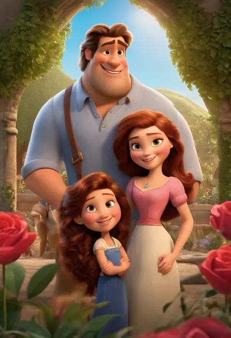 a Disney Pixar movie poster showing a white-skinned family. The father is the tallest, Tem barba curta, loiro, cabelos curtos e espinhosos. The mother has brown eyes and hair, shoulder-length and is slightly overweight. A menina tem 4 anos e cabelos castan...