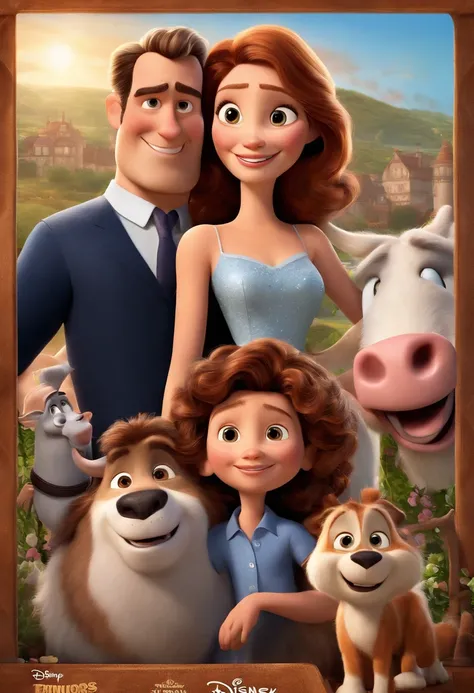 a Disney Pixar movie poster showing a white-skinned family. The father is the tallest, Tem barba curta, loiro, cabelos curtos e espinhosos. The mother has brown eyes and hair, shoulder-length and is slightly overweight. A menina tem 4 anos e cabelos castan...