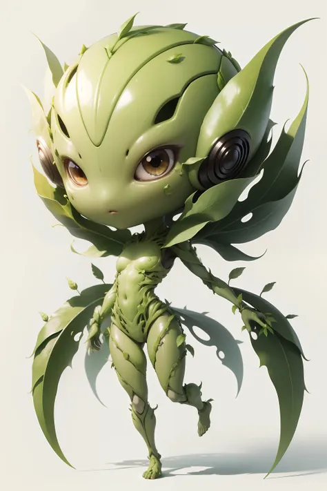 chibi, full-body, white background, alien botanist, photosynthetic skin,human like face, flora-based weaponry, vine-like appendages