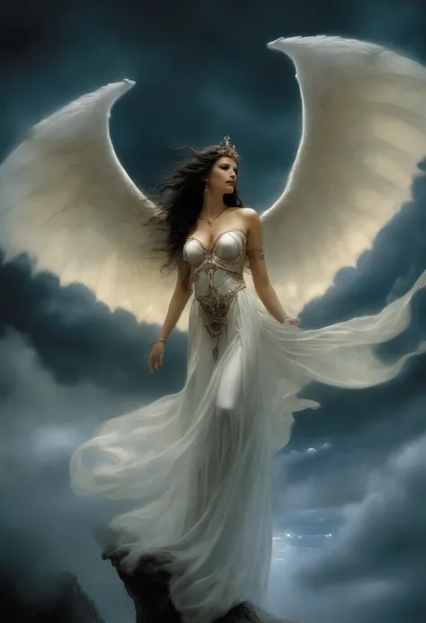 ((best quality)), ((masterpiece)), (detailed), alluring succubus, ethereal beauty, perched on a cloud, (fantasy illustration:1.3), enchanting gaze, captivating pose, delicate wings, otherworldly charm, mystical sky, (Luis Royo:1.2), (Yoshitaka Amano:1.1), ...