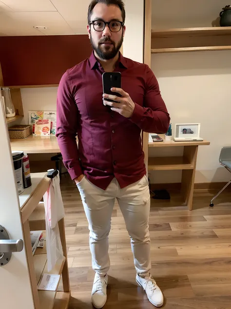 Man in red shirt and white pants taking a selfie, imagem de corpo inteiro, red shirt brown pants, foto da roupa, vestido casualmente, vestindo camisa, office clothes, vestindo uma camisa, vestindo um pescador 🧥, ready for a meeting, Foto de corpo inteiro d...