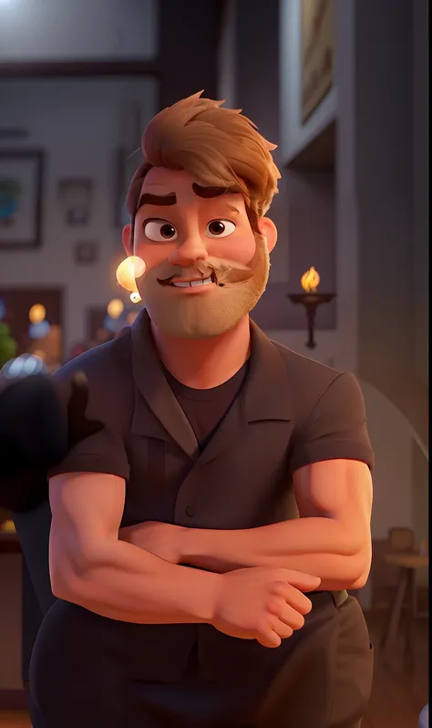 Poster no estilo Disney pixar, alta qualidade, melhor qualidade, homem sexy branco, 30 anos cabelo grisalho barba preta, musculoso, com fundo em um restaurante a luz de velas