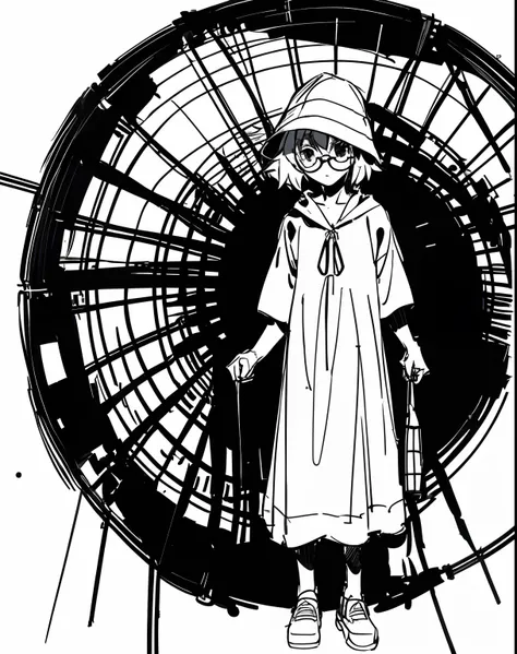 Mirai Kuriyama wearing a casual summer dress, ((empty background)), VHS, vintage, red glasses, bucket hat, manga style, white background, ((monochrome)), far away shot, full body, (sketch)