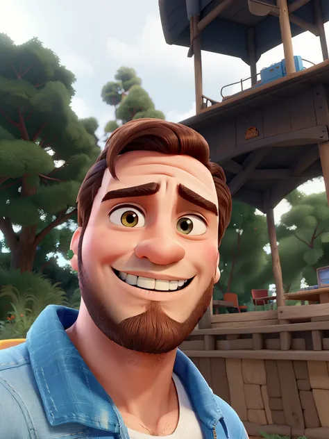 homem com cabelo castanho 23 anos barba curta, sorriso, jaqueta jeans , Pixar Style Poster