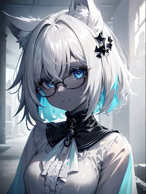 (masterpiece,best quality,ultra-detailed),1girl,black hair,short hair,messy hair,wolf ears,black and white hair,glasses,(((coloured skin,pale blue skin))),white blouse,choker,((grey theme)),((pastel colours theme)),in the park