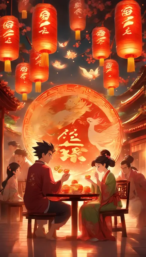 A family of three eating mooncakes，Happy expressions of parents and children，There are mooncakes on the table, Food in hand, The round moon hangs high with lanterns,Chinese style painting, exciting illustration， HD8K, Rich plot, intricate background, Rich ...