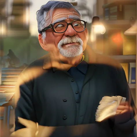 (description, old man, wise, standing, front, illuminated, lamp light, backdrop, library, books)