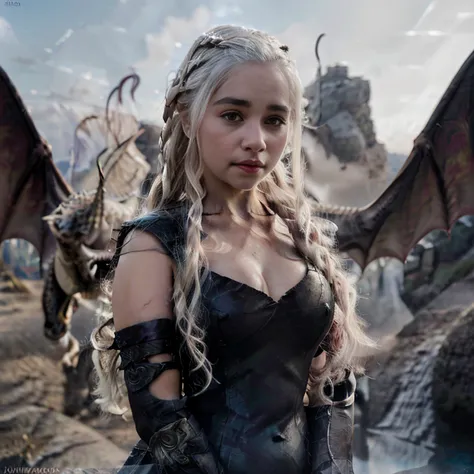 foto hiper real de [Daenerys Targaryen|Emily Clark] Bring pets (Dragoned:1.1), Beautiful, sexy, 1 Girl with the dragon, loiro, Close-up, close-up extremo, Realistic proportions, alunos realistas, Firecake Dragon, paleta limitada, A high resolution, absurdo...