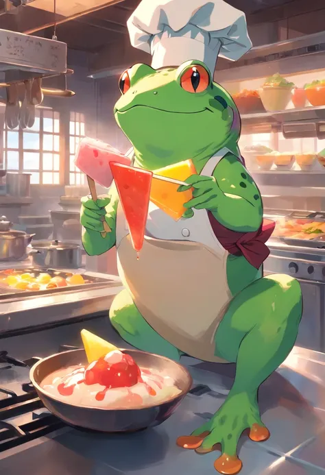 Anthropomorphic Frog Wearing Chef Outfit, Loading Popsicle, intrincado trabalho de Griebles, Intustrial kitchen behind, corpo de sapo muscular, Muscular arms holding a popsicle, small head, Ogro Monstruso, Titan, soft lighting, 32k ,hyper-realistic ,The ba...