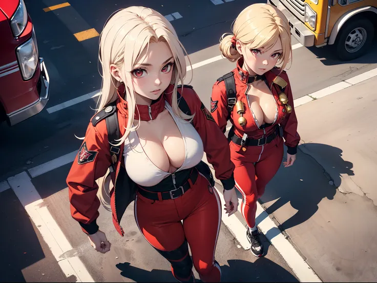 (best quality, masterpiece:1.2), 4 girl, (medium breasts:1.4), strong girls, muscle girls, slim girls, beautiful eyes, red eyes, cleavage, (red firefighter uniform: 1.4), middle of the street, (view from above: 1.2), wide-lens distortion