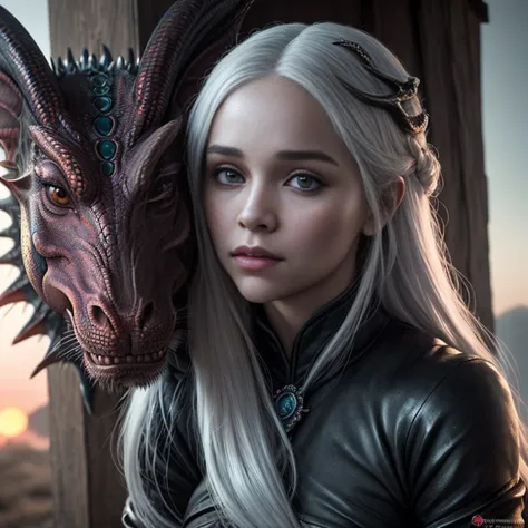 foto hiper real de [daenerys targaryen|emily clark] bring pets (dragoned:1.1), beautiful, sexy, 1 girl with the dragon, loiro, c...