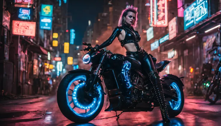 woman wearing a black PVC low-cut catsuit thigh High boots chains studs and spikes , on motor bike , in cyberpunk city at night , enlightened by neons