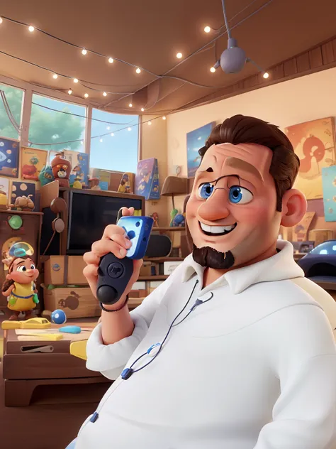 Um filme inspirado na Disney Pixar, tem um homem no centro sentado em uma cadeira gamer, with a PlayStation controller in his hand, jogando com muita vontade. ecena estar na arte distinta do estilo PIXAR, descolada e estilosa