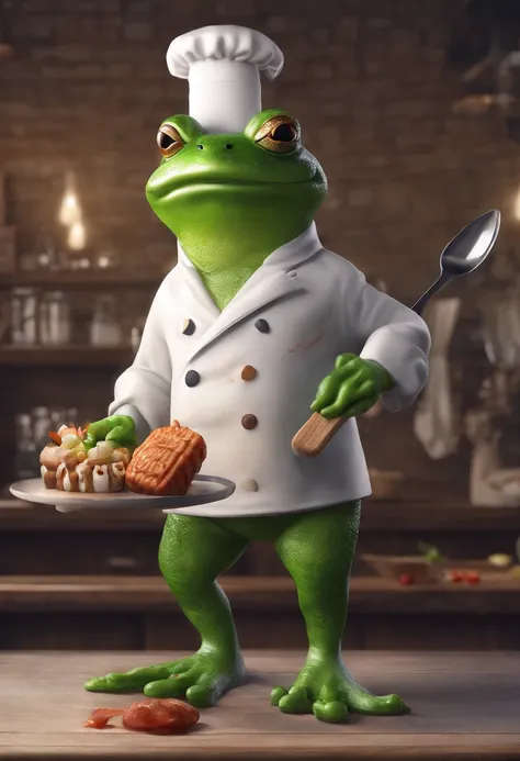 Anthropomorphic Frog Wearing Chef Outfit, Loading Popsicle, intrincado trabalho de Griebles, Intustrial kitchen behind, corpo de sapo muscular, Muscular arms holding a popsicle, small head, Ogro Monstruso, Titan, soft lighting, 32k ,hyper-realistic ,The ba...