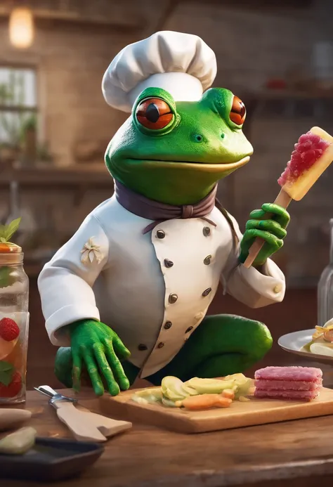 Anthropomorphic Frog Wearing Chef Outfit, Loading Popsicle, intrincado trabalho de Griebles, Intustrial kitchen behind, corpo de sapo muscular, Muscular arms holding a popsicle, small head, Ogro Monstruso, Titan, soft lighting, 32k ,hyper-realistic ,The ba...