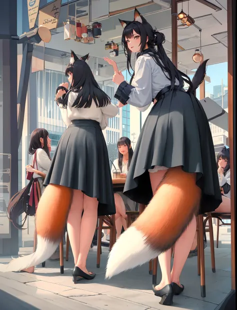 There were two women wearing skirts.、It has a tail on its paws, furries wearing tails, Fox tail, fluffy tail, Furry tail, thick fluffy tail, tail, Ultra-realistic fur, Bushy tail, Tailed