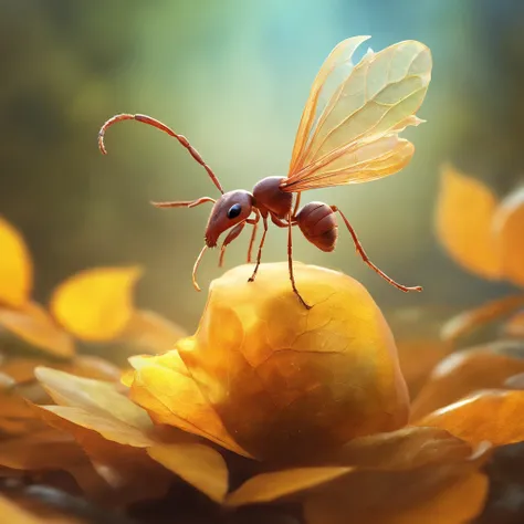 An ant stands on a golden leaf floating in the air