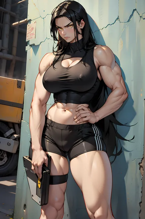 solo, ((1 girl)), very long hair, black hair, angry, yellow eyes, ((((muscular)))), ((huge tits)), ((thick thighs)), ((wide hips)), (cowboy shot), pale skin, tank top, bike shorts, standing, toned body, against wall