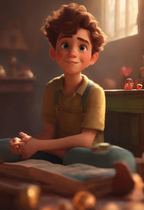 Image of a boy for a story in a YouTube video in Pixar format, Hes the little allabester, Hes the class leader, Hes outgoing, Playful and gets up for a lot of things, cabelo curto