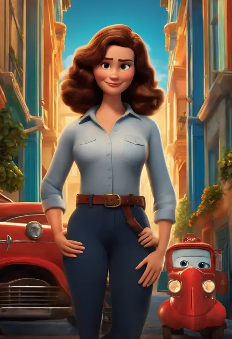 Name of the film is Director of the company mocelin, the largest fire safety company in Brazil. estilo filmes Pixar, Com nome "N - Marketing", poster, With short, lighter brunette hair and a black t-shirt in front of her crossed arms.