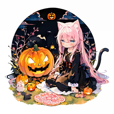 (PastelColors:1.5)、(Cute illustration:1.5)、(watercolor paiting:1.2)、(Jack-o-lantern:1.2)、Cats、Black cat、The cat puts its hand on the pumpkin、Pumpkin and cat、Halloween、magia、kirakira、vine、dark ambiance、Black cat on a pumpkin