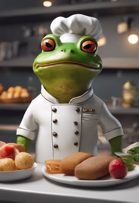 Anthropomorphic Frog Wearing Chef Outfit, Making Popsicle, intrincado trabalho de Griebles, Intustrial kitchen behind, corpo de sapo muscular, Muscular arms holding a popsicle, small head, rosto muito feliz , Ogro Monstruso, Titan, soft lighting, 32k ,hype...