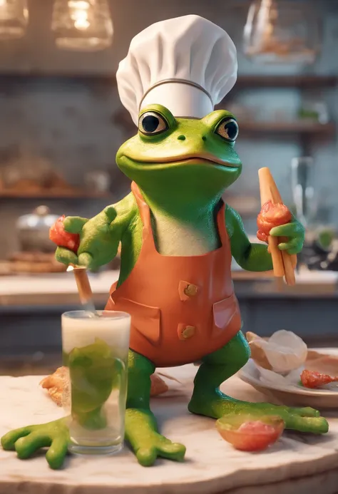 Anthropomorphic Frog Wearing Chef Outfit, Making Popsicle, intrincado trabalho de Griebles, Intustrial kitchen behind, corpo de sapo muscular, Muscular arms holding a popsicle, small head, rosto muito feliz , Ogro Monstruso, Titan, soft lighting, 32k ,hype...