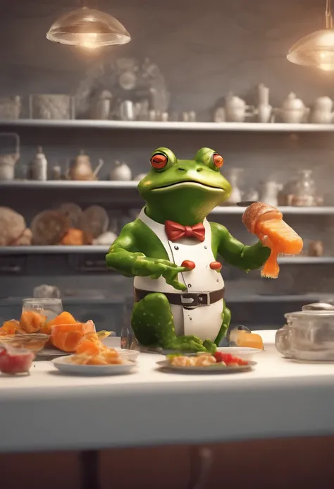 Anthropomorphic Frog Wearing Chef Outfit, Making Popsicle, intrincado trabalho de Griebles, Intustrial kitchen behind, corpo de sapo muscular, Muscular arms holding a popsicle, small head, rosto muito feliz , Ogro Monstruso, Titan, soft lighting, 32k ,hype...