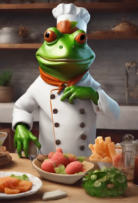 Anthropomorphic Frog Wearing Chef Outfit, Making Popsicle, intrincado trabalho de Griebles, Intustrial kitchen behind, corpo de sapo muscular, Muscular arms holding a popsicle, small head, rosto muito feliz , Ogro Monstruso, Titan, soft lighting, 32k ,hype...