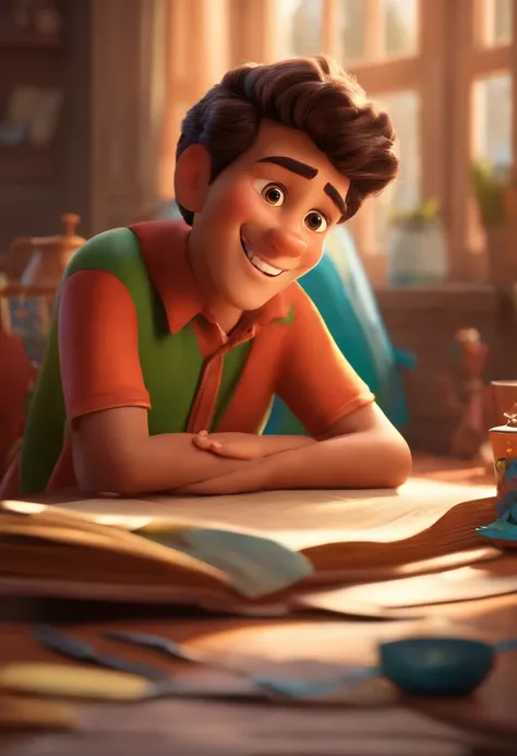 estilo Disney Pixar ,homem sorridente de terno sentado em uma mesa com uma caneta e papel , imagem de alta qualidade